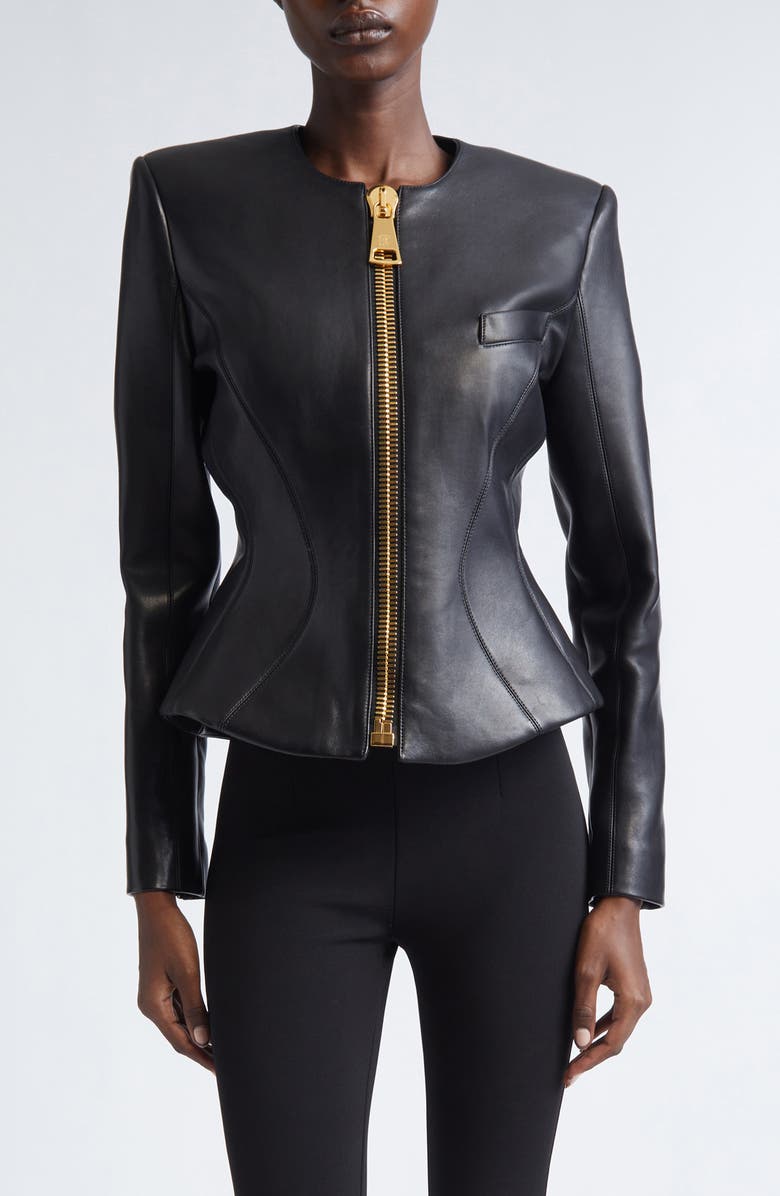 Balmain Lambskin Leather Basque Jacket, Main, color, 0Pa Black