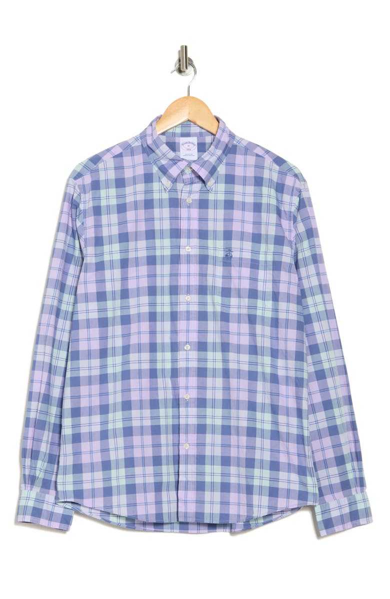 Brooks Brothers Regular Fit Plaid Cotton Button-Down Shirt, Alternate, color, Lavender Aqua Bold Pld