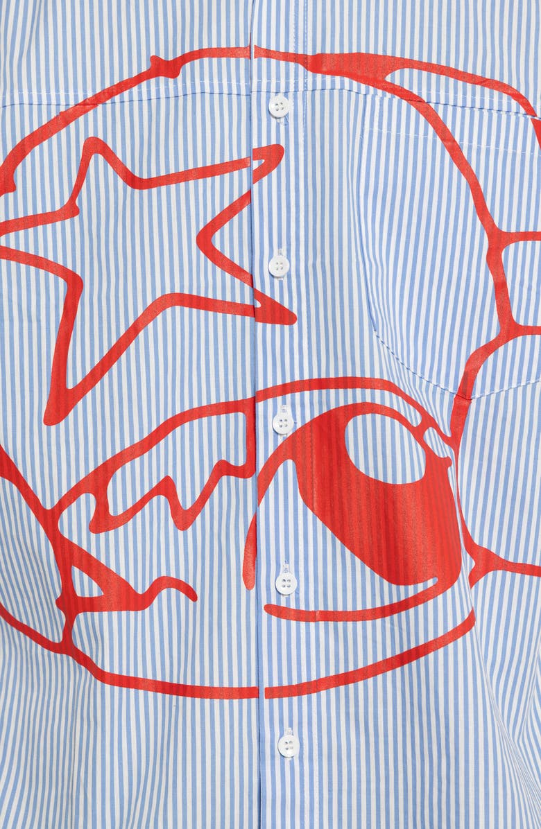 JADED LONDON Poster Stripe Short Sleeve Graphic Button-Up Shirt, Alternate, color, Blue