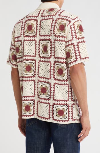 Crochet Square Short Sleeve Button-Up Shirt