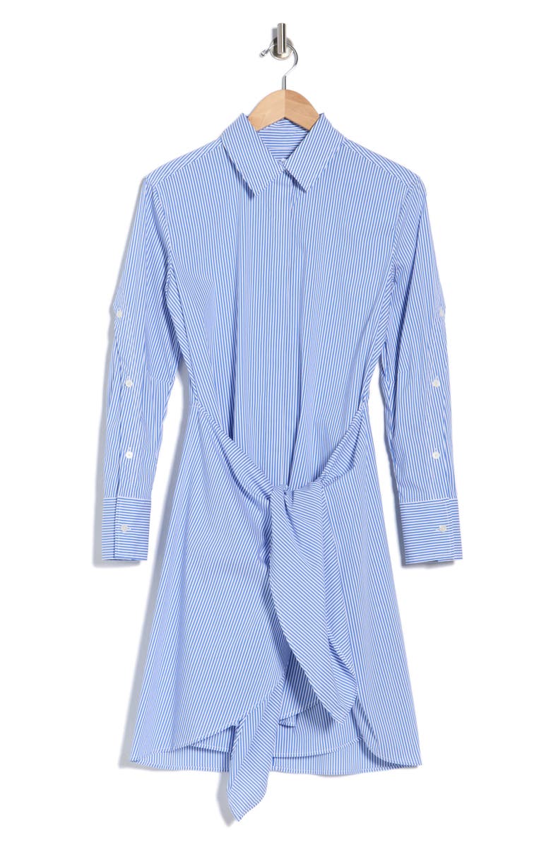 Derek Lam Stripe Long Sleeve Tie Waist Shirtdress, Main, color, Blue/ White