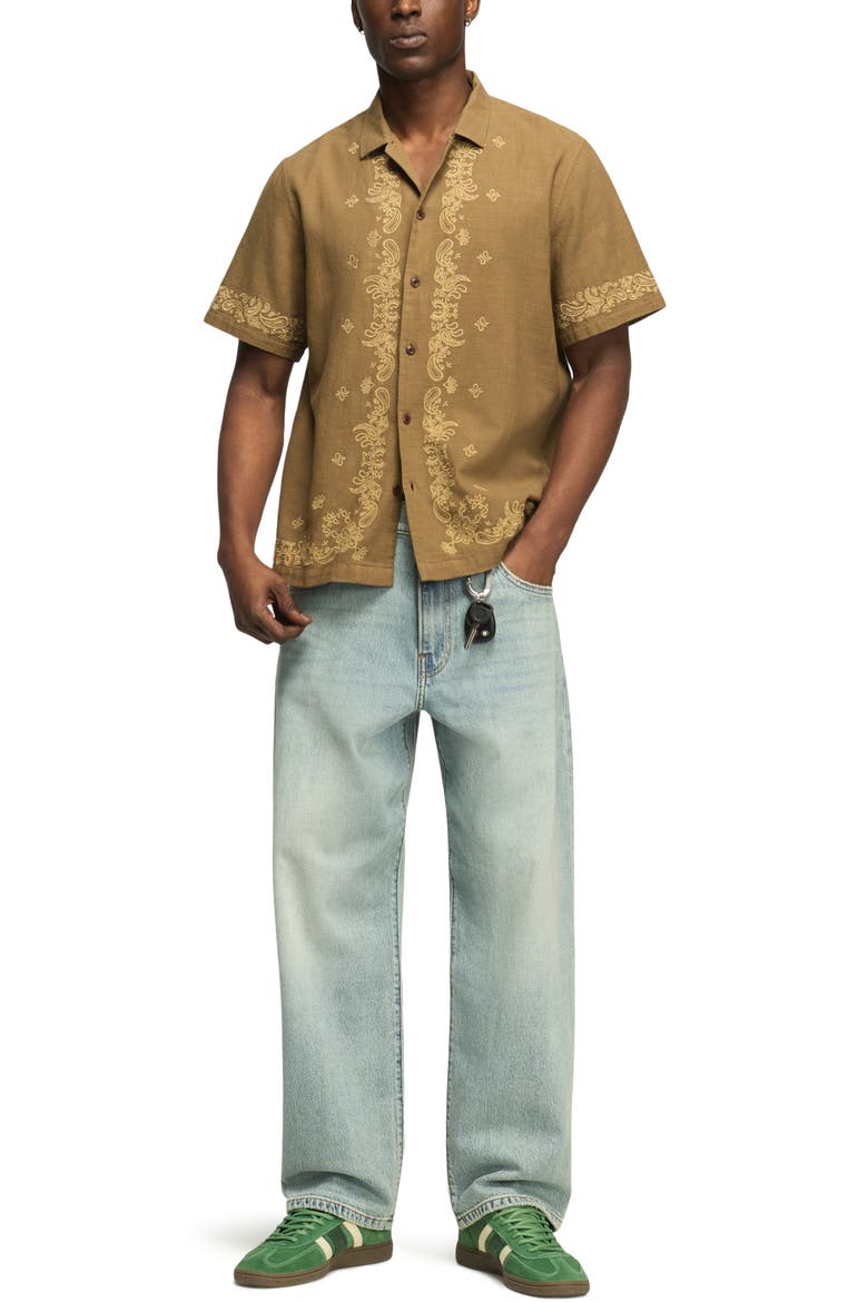 Embroidered Paisley Camp Shirt, Alternate, color, KANGAROO