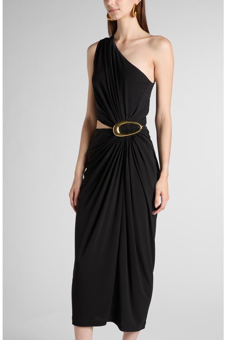 One-Shoulder Cutout Waist Crepe Jersey Midi Dress, Alternate, color, 1000 BLACK