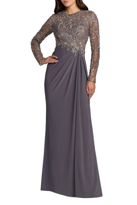 Long Sleeve Jersey Beaded Embroidered Gown