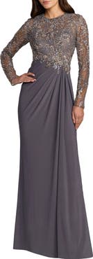 Mac Duggal Long Sleeve Jersey Beaded Embroidered Gown