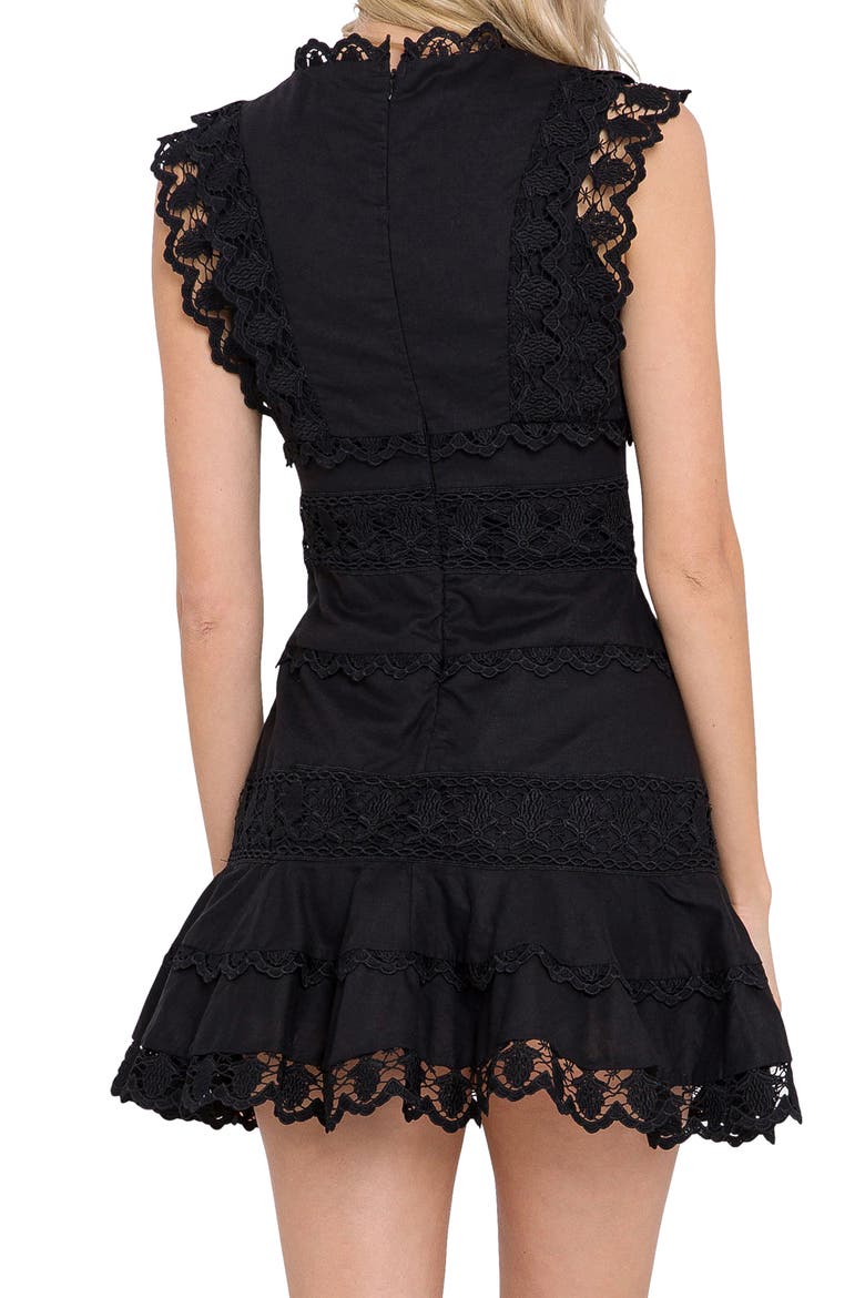 Plunge Neck Tiered Lace Linen & Cotton Dress, Alternate, color, BLACK