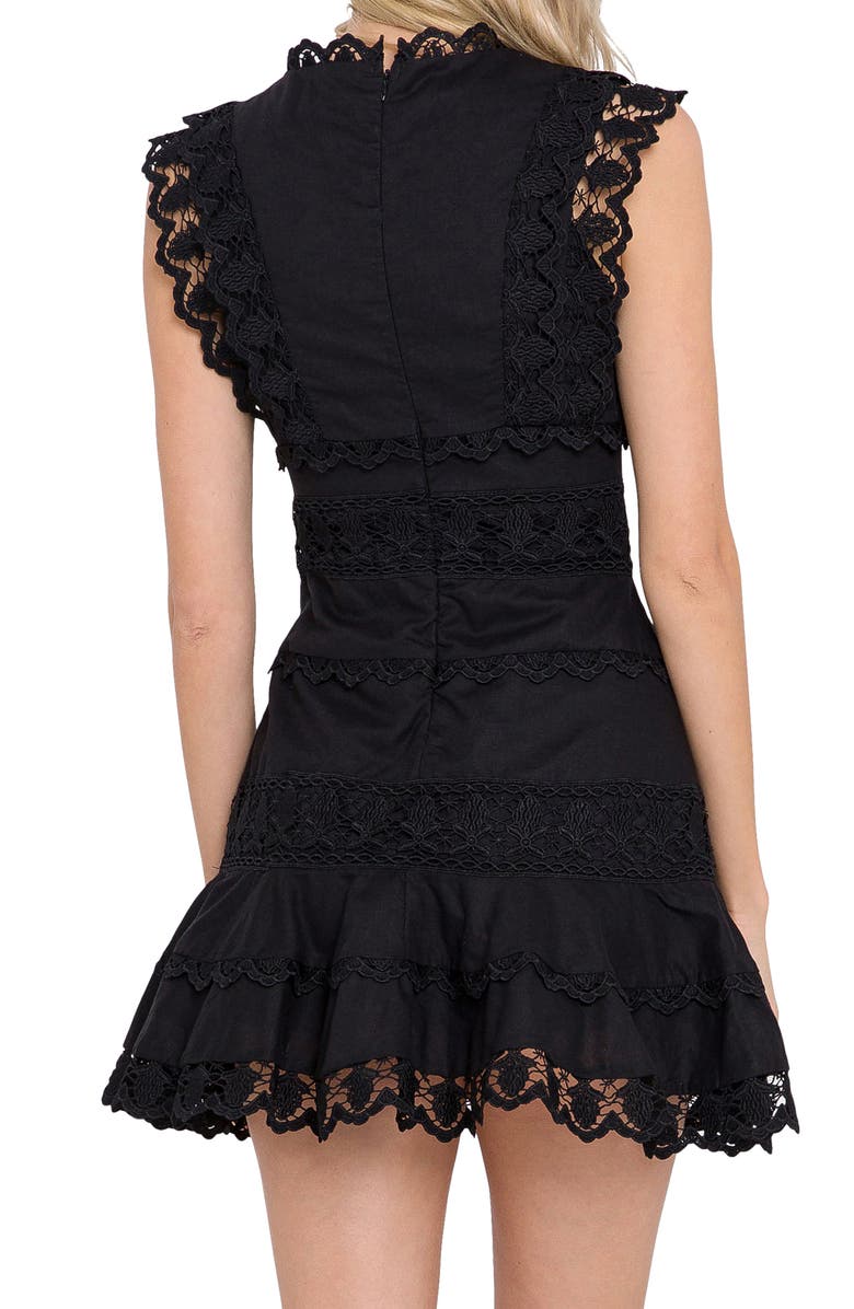 Endless Rose Plunge Neck Tiered Lace Linen & Cotton Dress, Alternate, color, Black