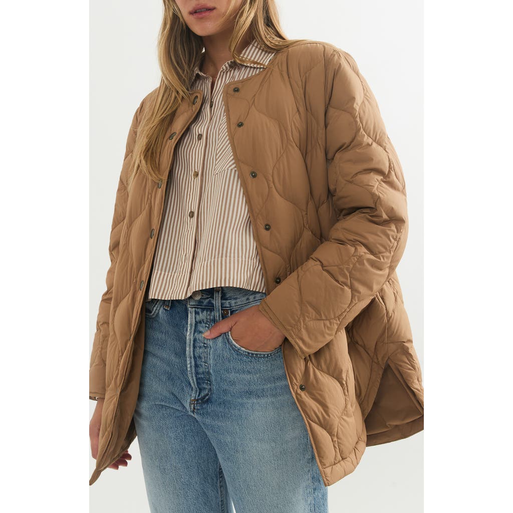 Marine Layer Collarless Quilted Coat In Brown