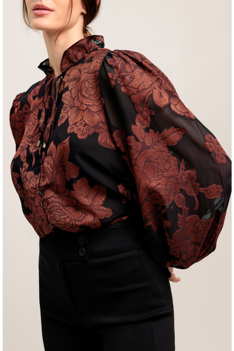 Floral Jacquard Tie Neck Top, Alternate, color, BLACK