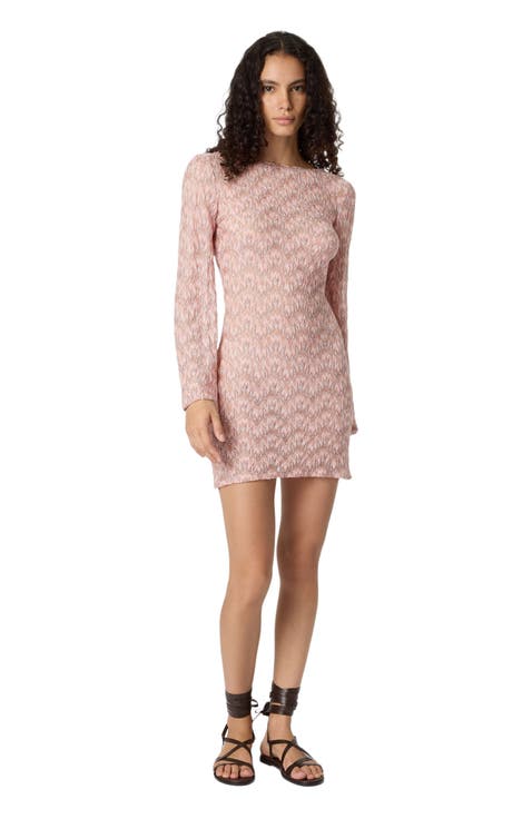Long-sleeved Mini Cover-up Dress In Lamé Viscose With Foliage Motif