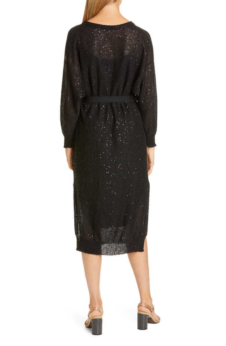 Brunello Cucinelli Sequin Belted Long Sleeve Linen & Silk Sweater Dress, Alternate, color, 