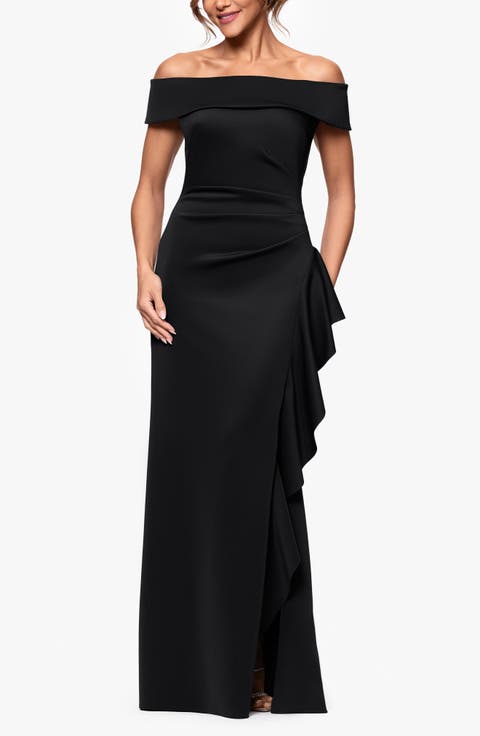 Ruffle Off the Shoulder Scuba Knit Gown (Regular & Petite)