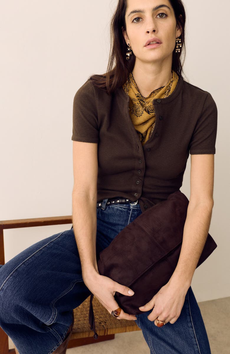 PER UNA BY M&S Rib Short Sleeve Button-Up Top, Alternate, color, Dark Mole Brown