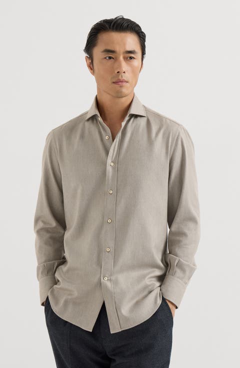 Stretch cotton chevron flannel shirt with spread collar