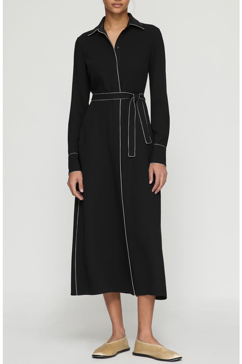 Contrast Piping Long Sleeve Finesse Crepe Belted Shirtdress, Main, color, BLACK