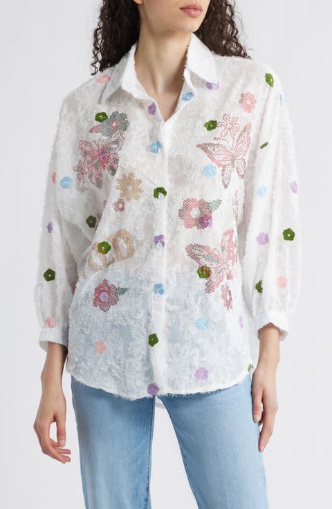 Emma Embellished Semisheer Button-Up Shirt