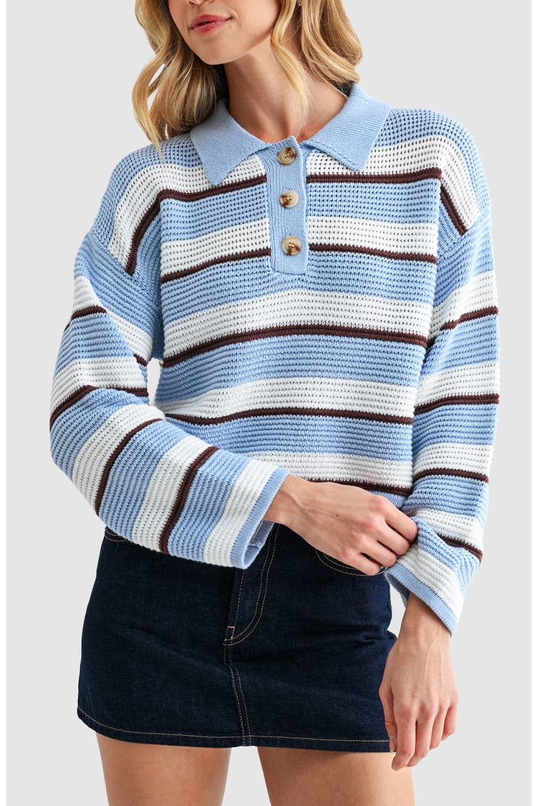 Striped Polo Sweater, Alternate, color, BLUE BROWN