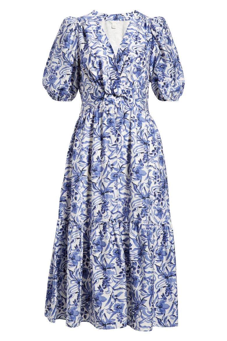 Twist Detail Allover Print Midi Dress, Alternate, color, IVORY/ NAVY DAISY GARDEN