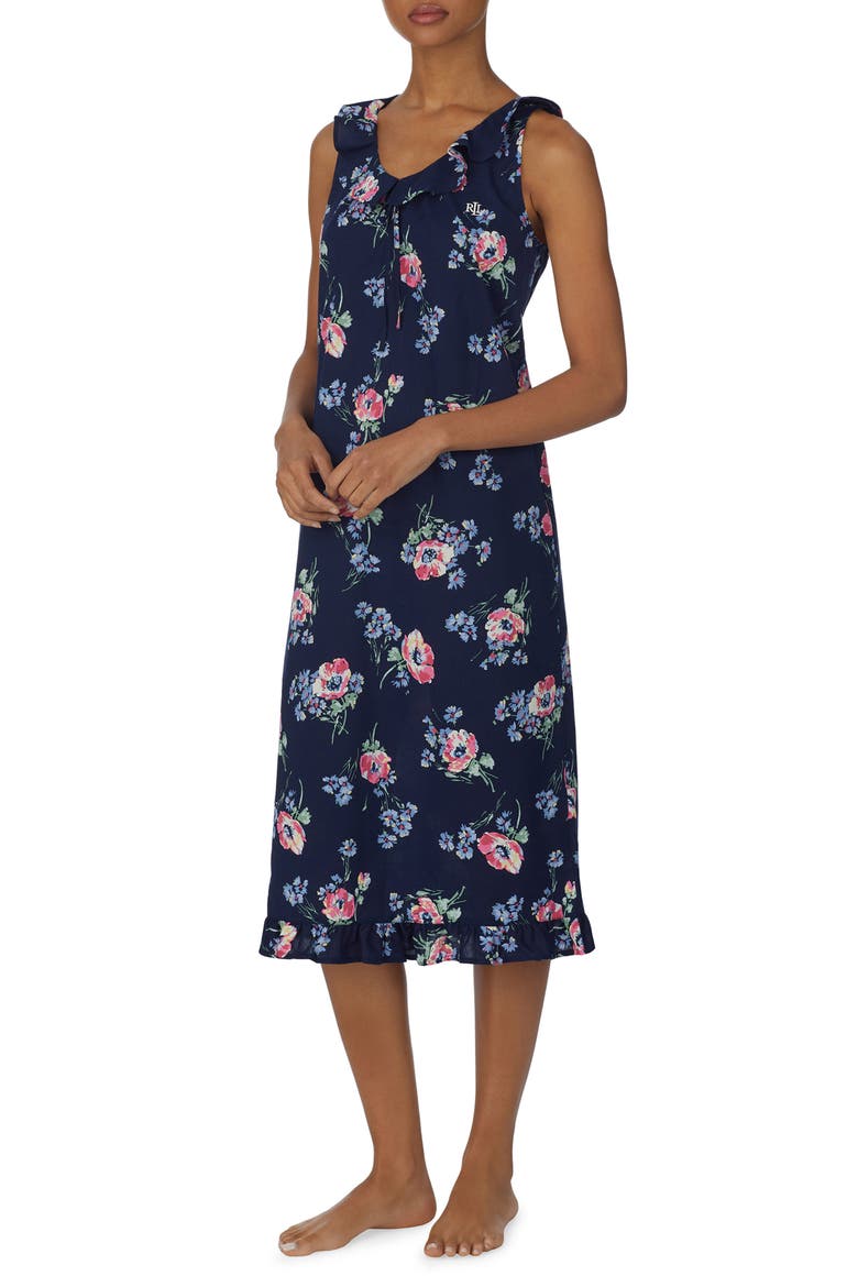Floral Print Sleeveless Cotton Nightgown, Main, color, NAVY PRINT