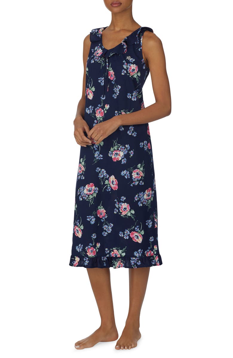 Lauren Ralph Lauren Floral Print Sleeveless Cotton Nightgown, Main, color,