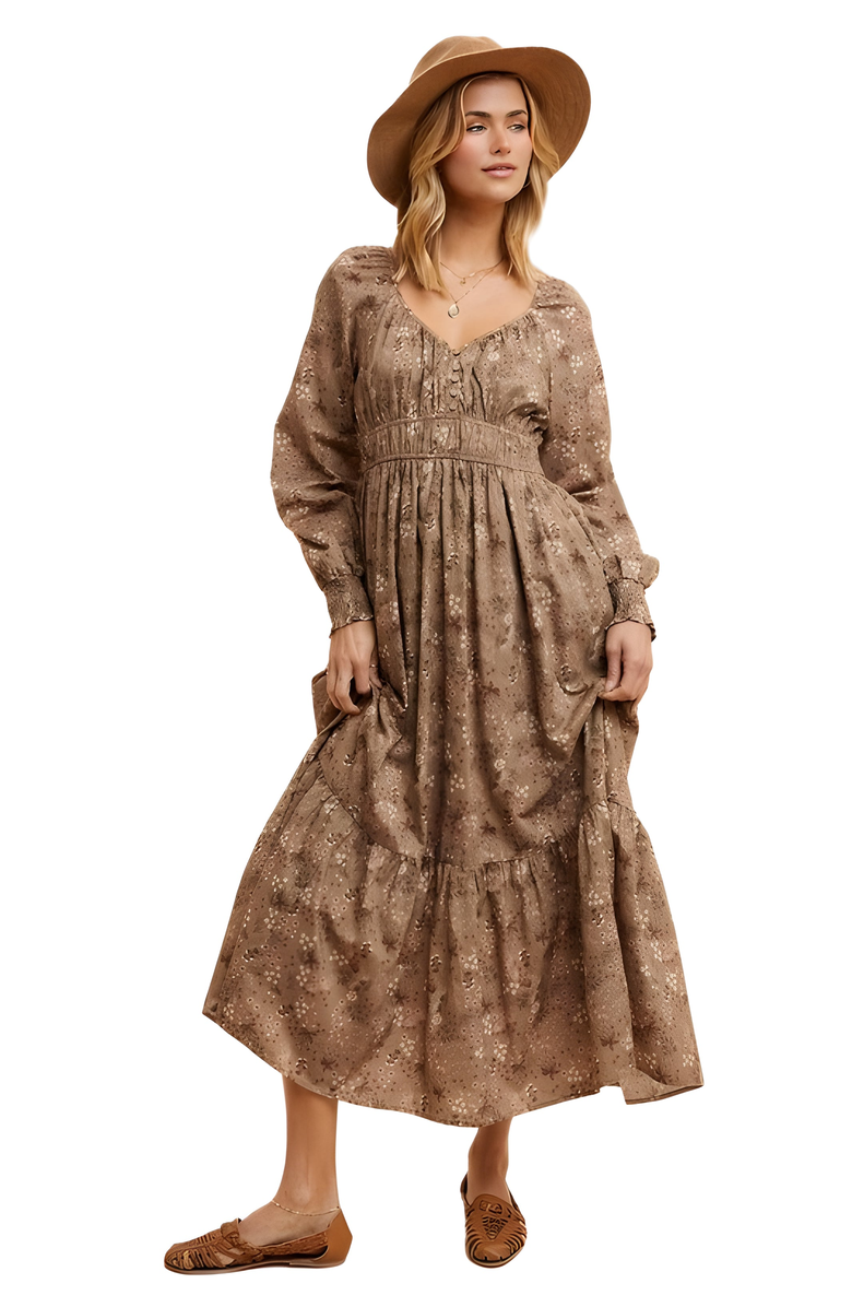 Knit and Lounge Long Sleeve Floral Print Ruffle Tiered Midi Dress with Empire Waist, Alternate, color, 