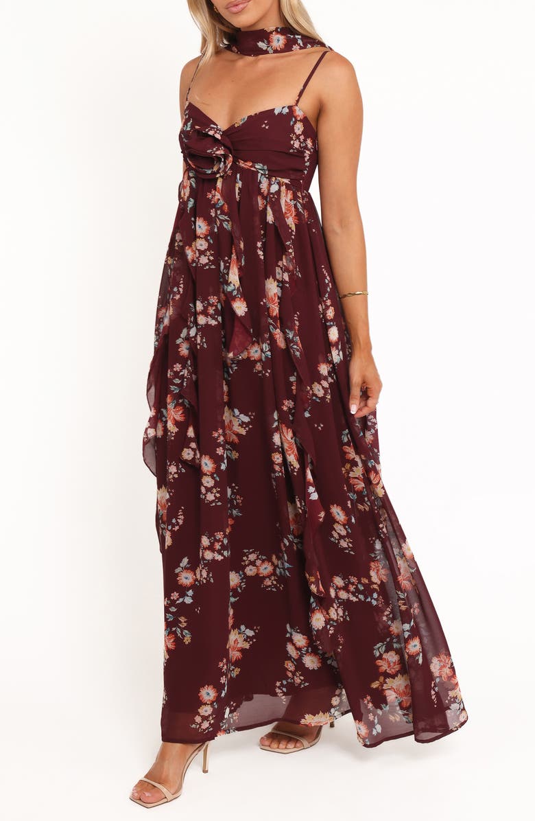 Petal & Pup Tully Print Sleeveless Maxi Dress with Scarf, Alternate, color, Berry Floral