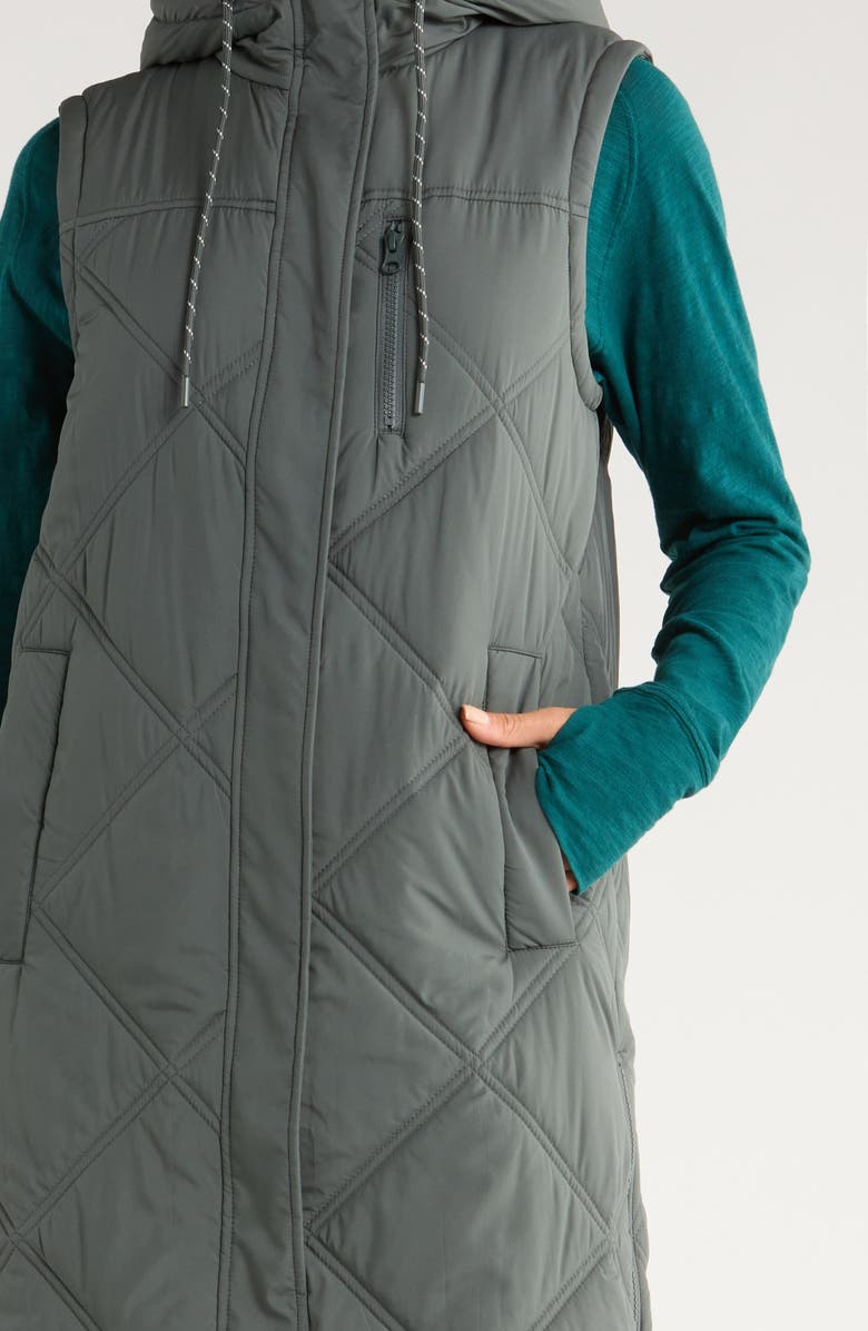 Zella Long Hooded Puffer Vest, Alternate, color, Green Urban