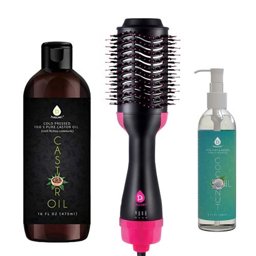 Pursonic Hair Strengthening Bundle Fractionated Coconut Oil, One-step Hair Dryer & Volumizer Brush, In Black