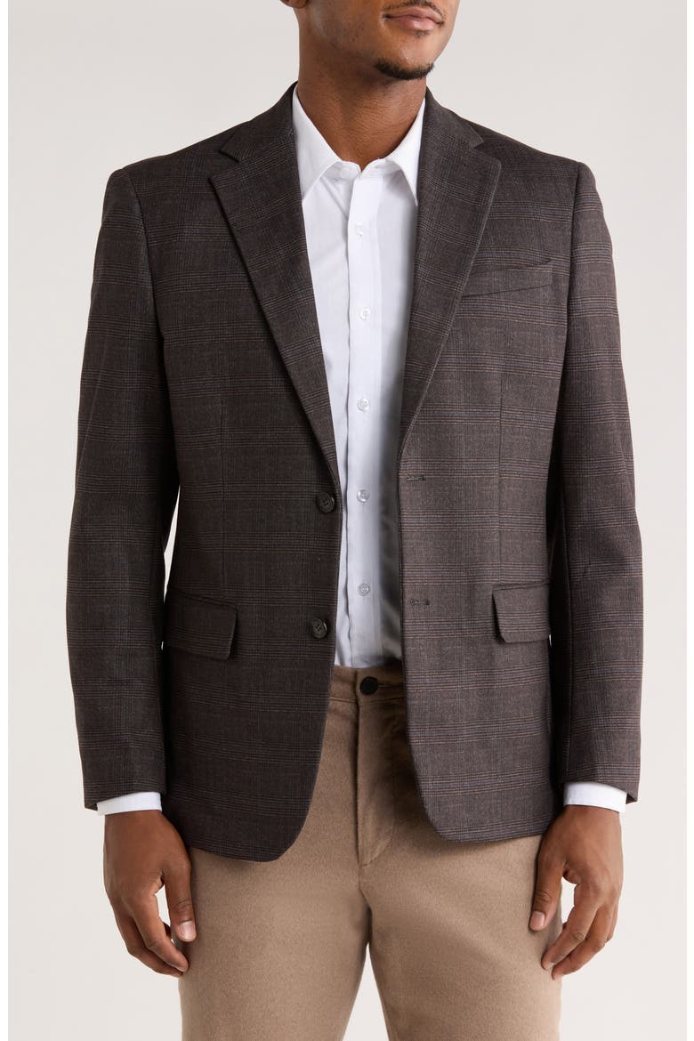 Slim Fit Plaid Stretch Knit Blazer, Main, color, BROWN