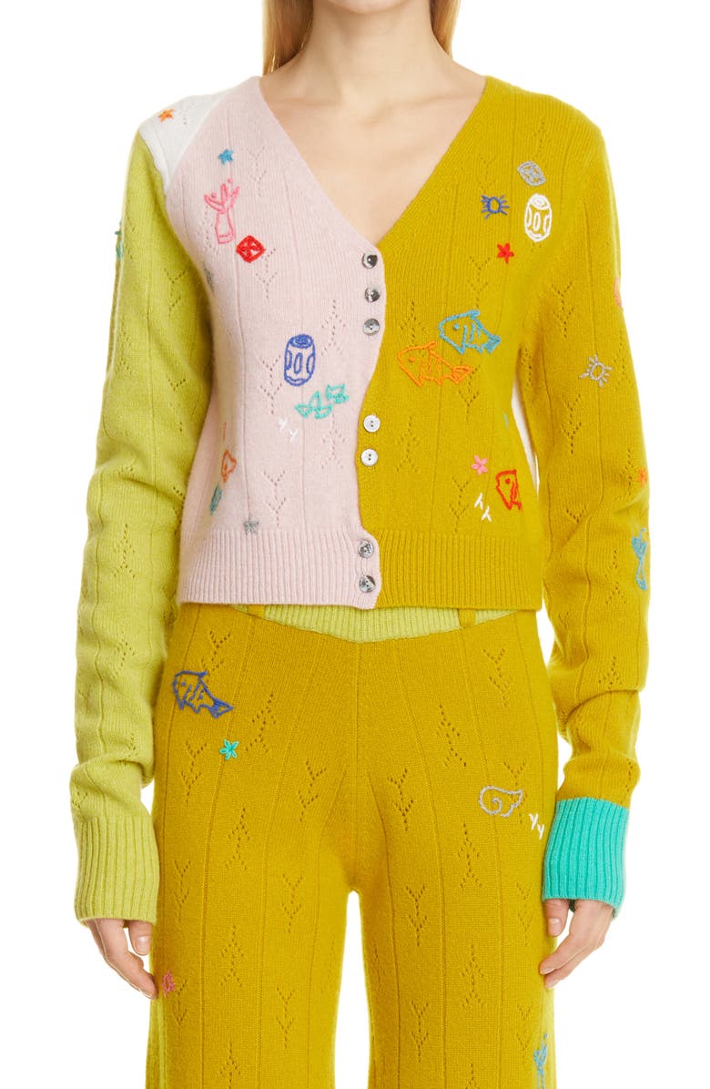 YanYan Curious Embroidered Colorblock Lambswool Cardigan, Main, color, 