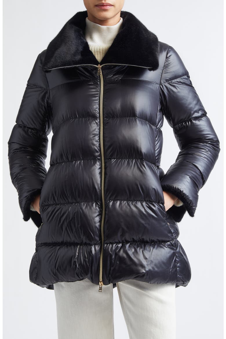 Faux Fur Lined Water Repellent Quilted Down Jacket, Main, color, BLACK