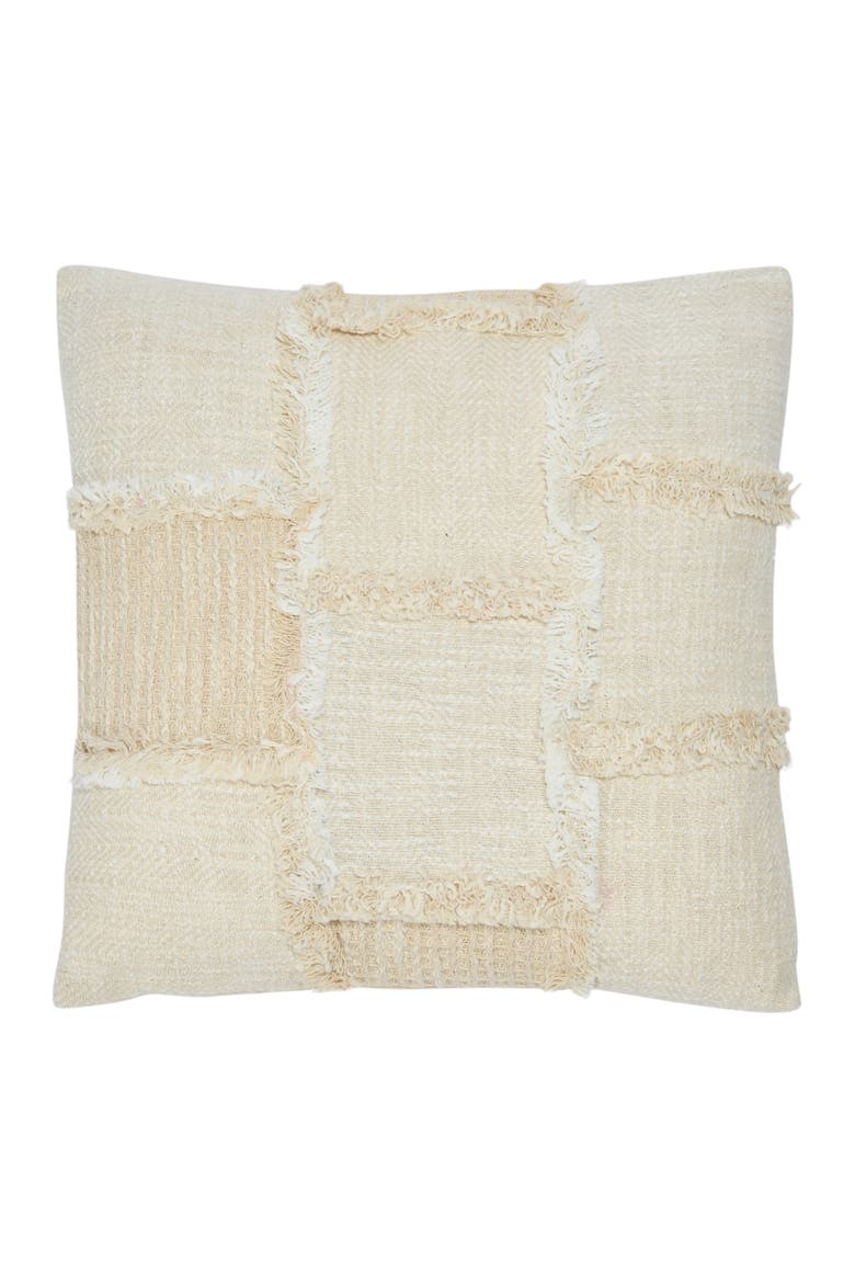 Woven Cotton and Wool Patchwork Pillow with Frayed Edges, Main, color, Cream