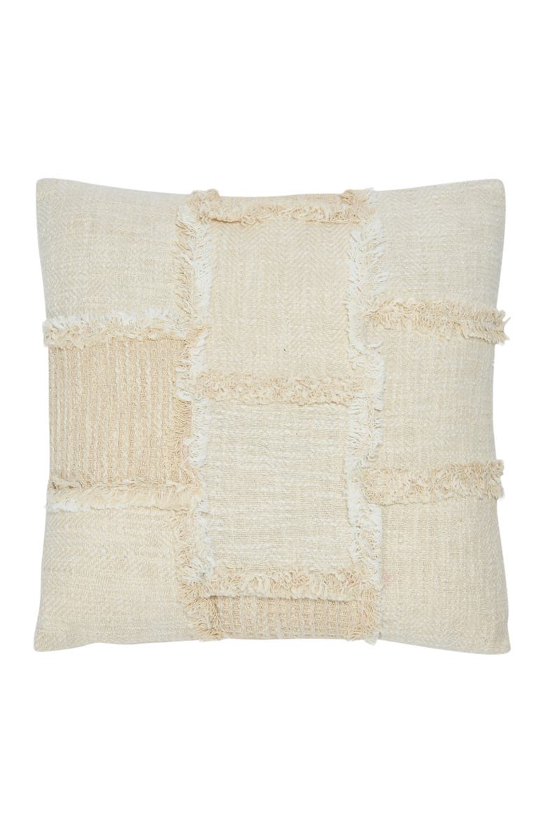 Storied Home Woven Cotton and Wool Patchwork Pillow with Frayed Edges, Main, color, Cream