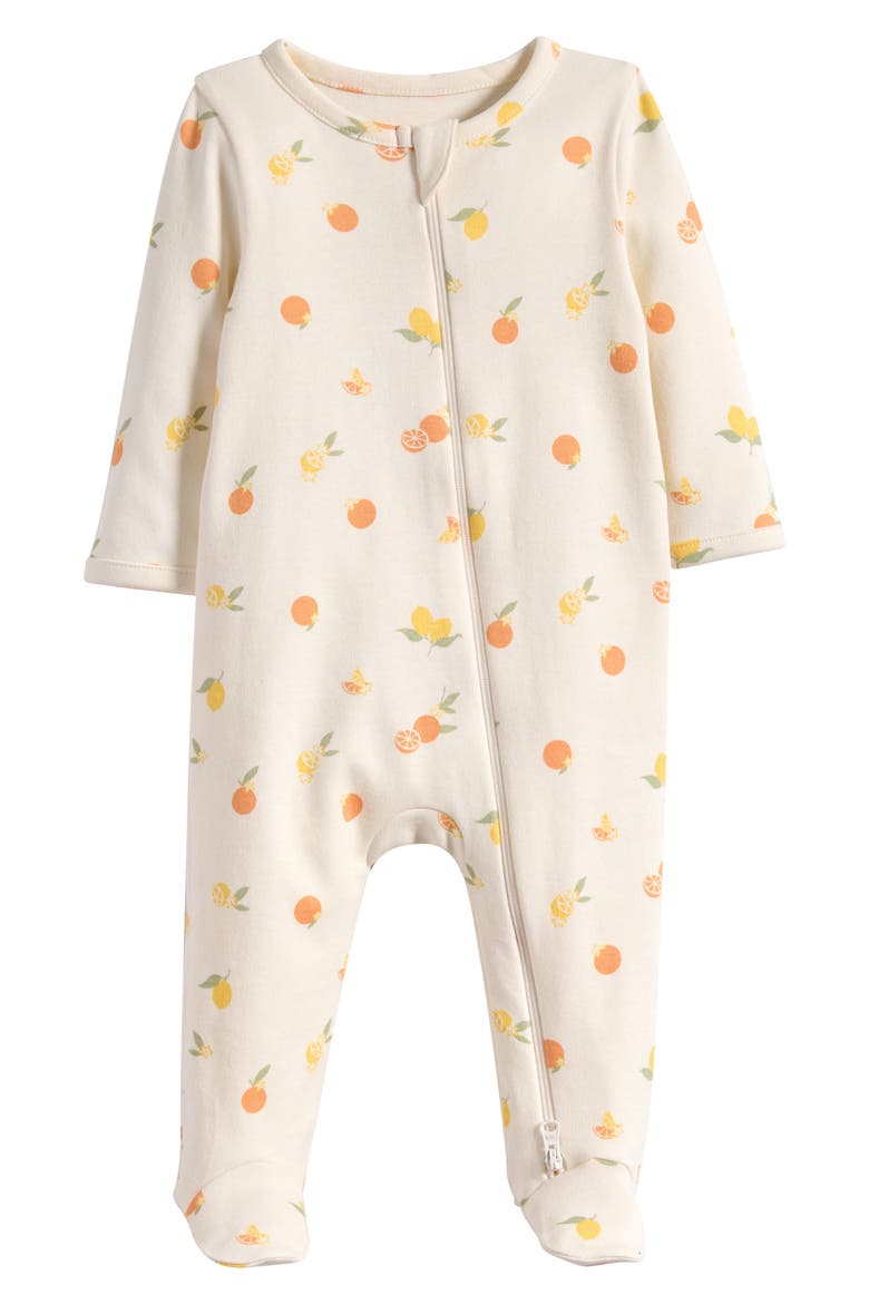 Print Cotton Footie Romper, Main, color, IVORY EGRET CITRUS