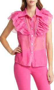 NIKKI LUND Holly Rhinestone Ruffle Button-Up Blouse