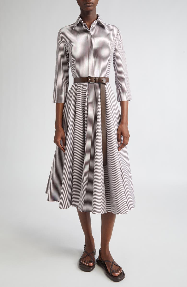Michael Kors Collection Stripe Cotton Poplin Belted Shirtdress, Main, color, Mocha/ Optic White