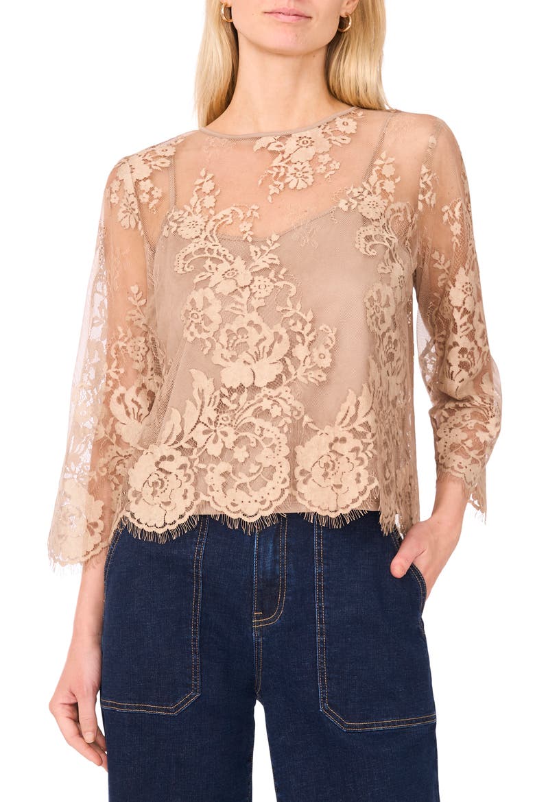 Scallop Hem Cotton Blend Lace Top, Main, color, FRENCH OAK