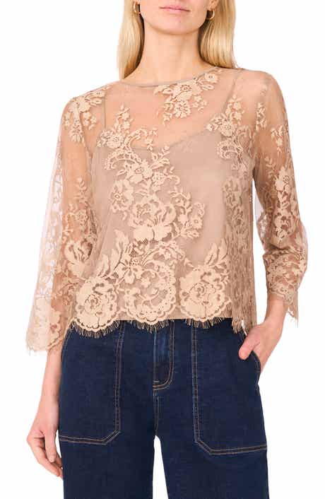 Vince Camuto Scallop Hem Cotton Blend Lace Top