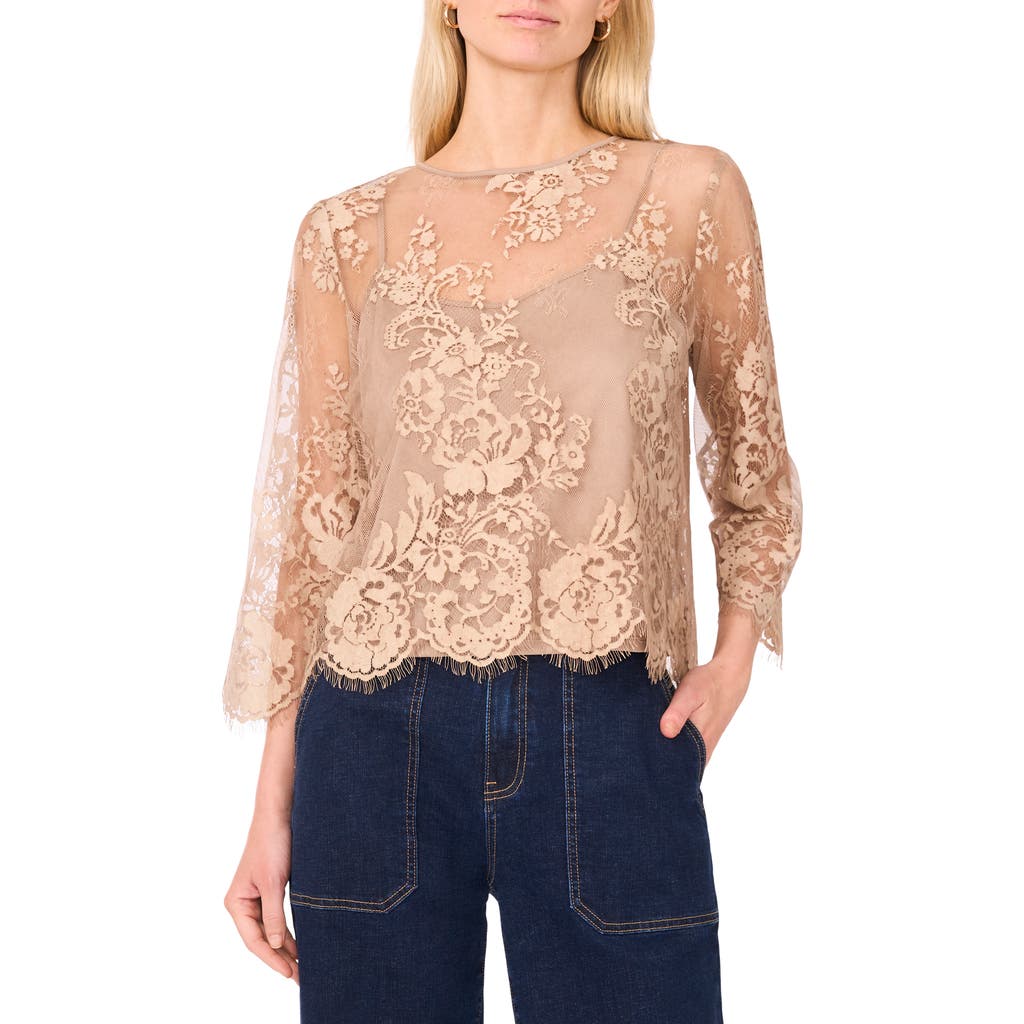 Vince Camuto Scallop Hem Cotton Blend Lace Top In Brown