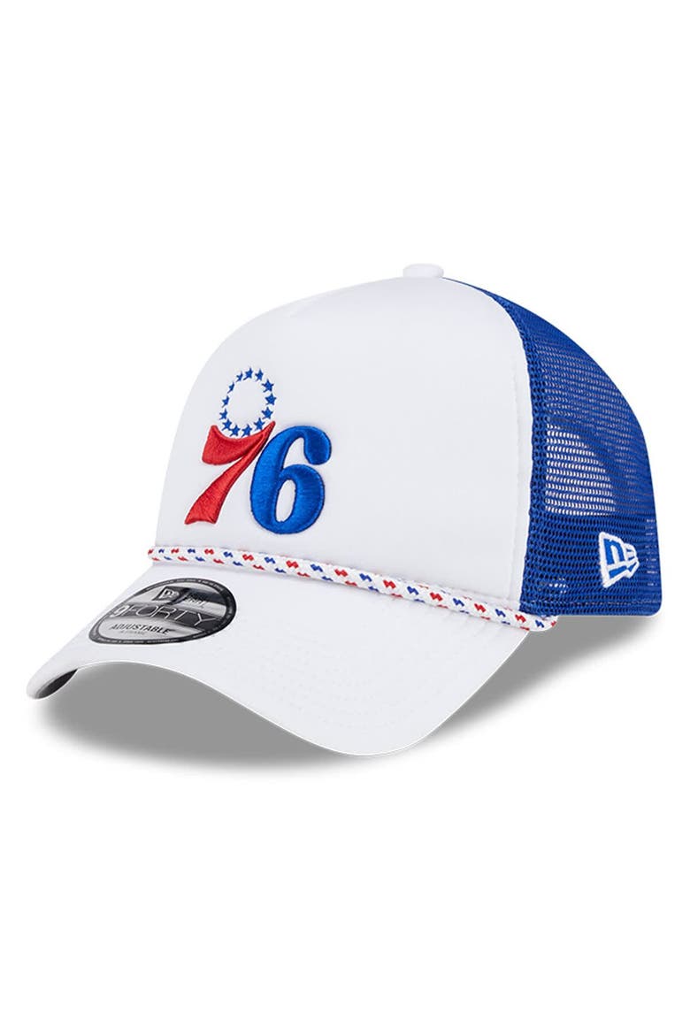Men's New Era White/Royal Philadelphia 76ers Court Sport Foam A-Frame 9FORTY Adjustable Trucker Hat, Main, color, White