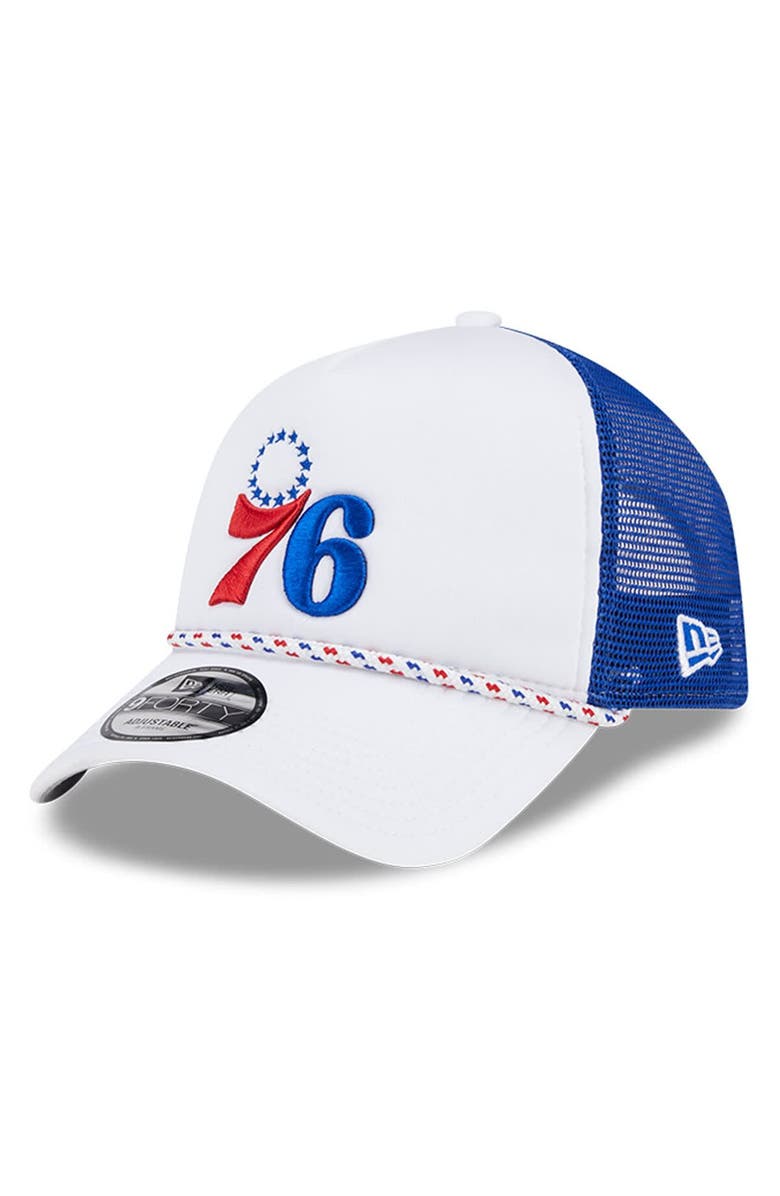 New Era Men's New Era White/Royal Philadelphia 76ers Court Sport Foam A-Frame 9FORTY Adjustable Trucker Hat, Main, color, White