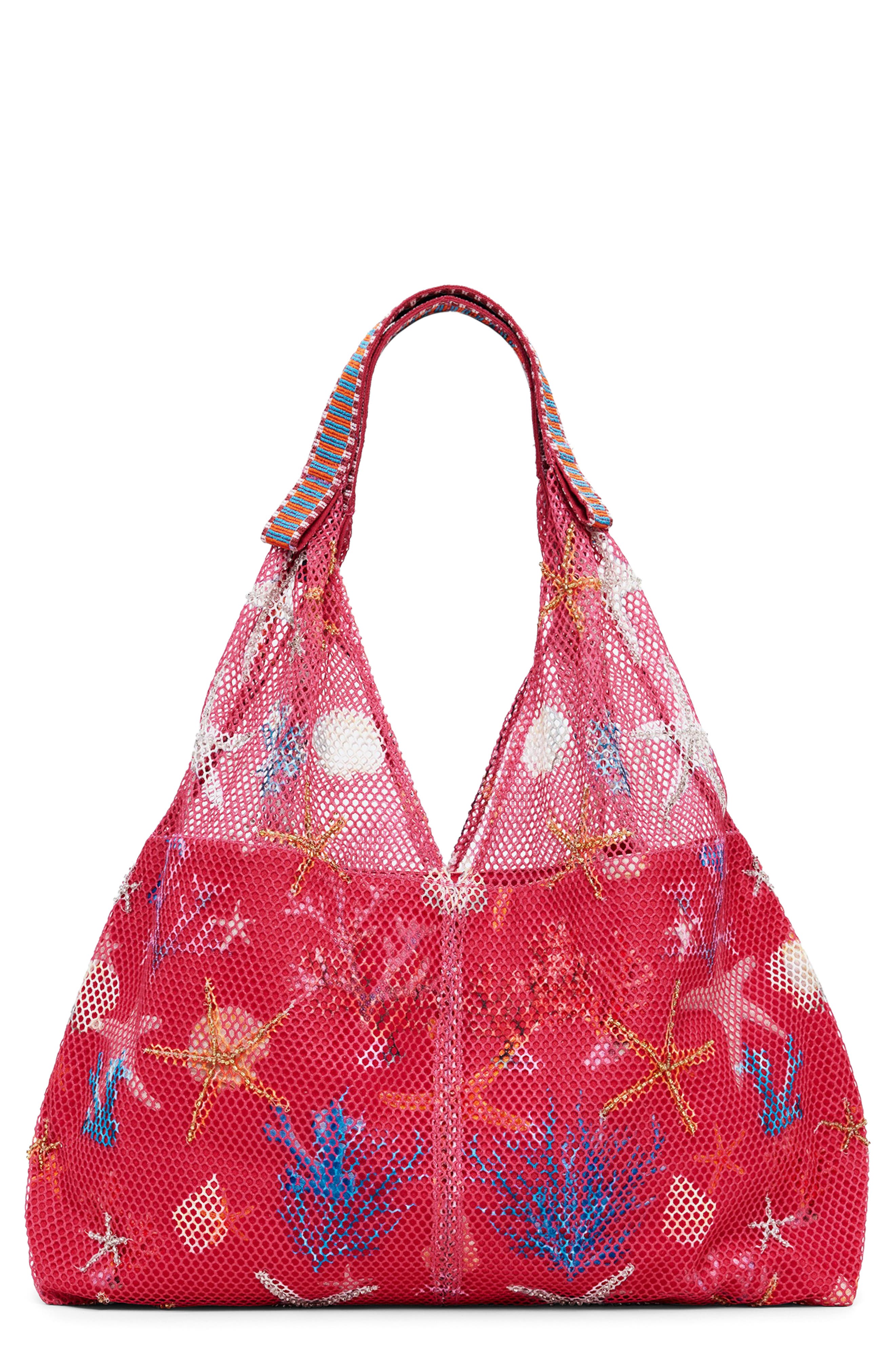 Desigual Print Embellished Net Shopper, Main, color, Fuchsia