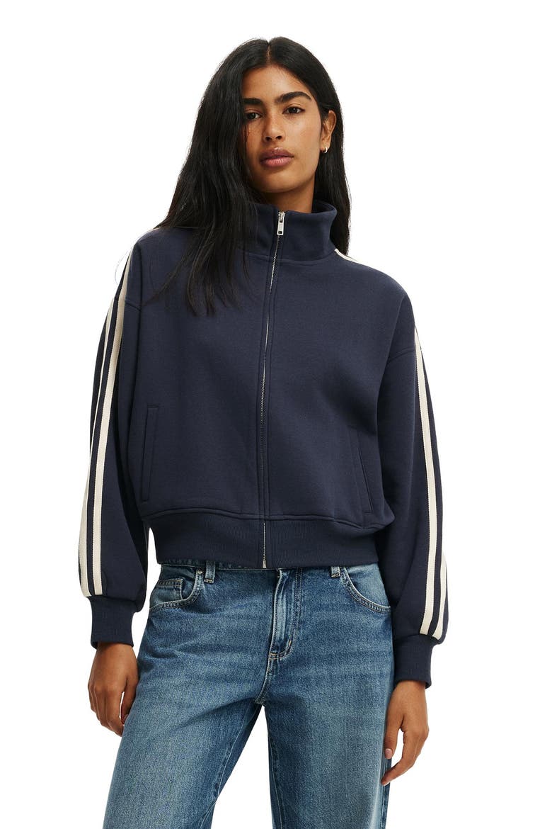 Women's Funnel Neck Fleece Zip Through, Main, color, Shadow Navy Taping