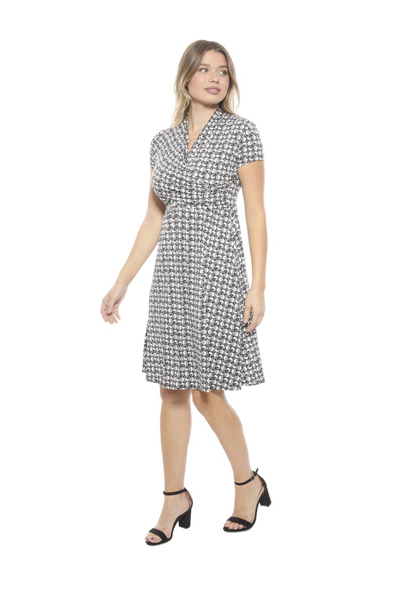 Womens Geometric V-Neck Short Sleeve Faux Wrap Knee Length A-Line Dress, Alternate, color, Black Multi