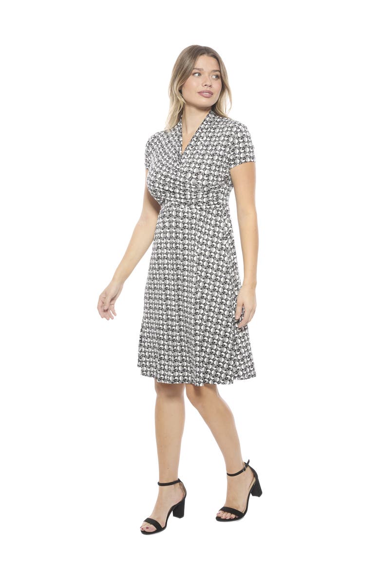 24seven Comfort Apparel Womens Geometric V-Neck Short Sleeve Faux Wrap Knee Length A-Line Dress, Alternate, color, Black Multi