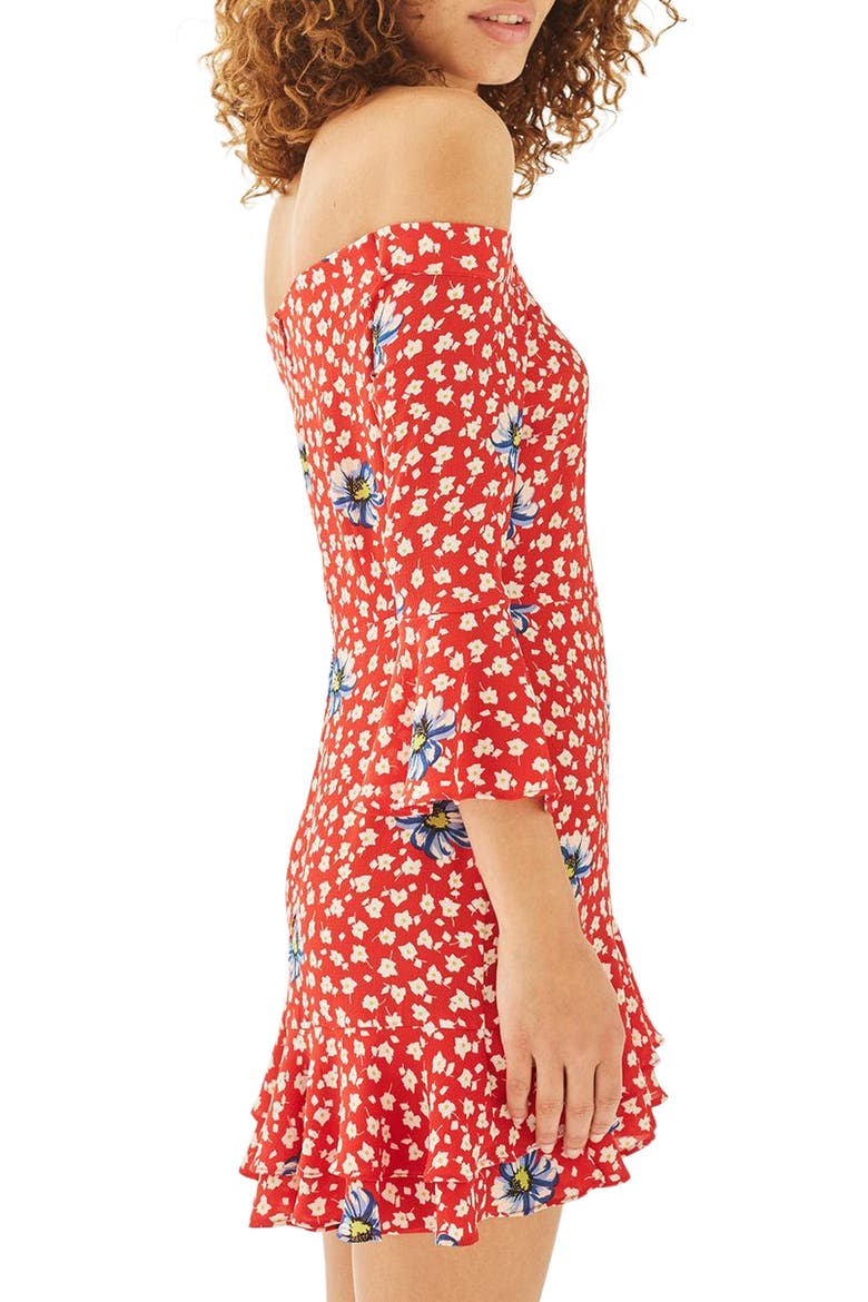 Bardot Floral Ruffle Dress, Alternate, color, RED MULTI