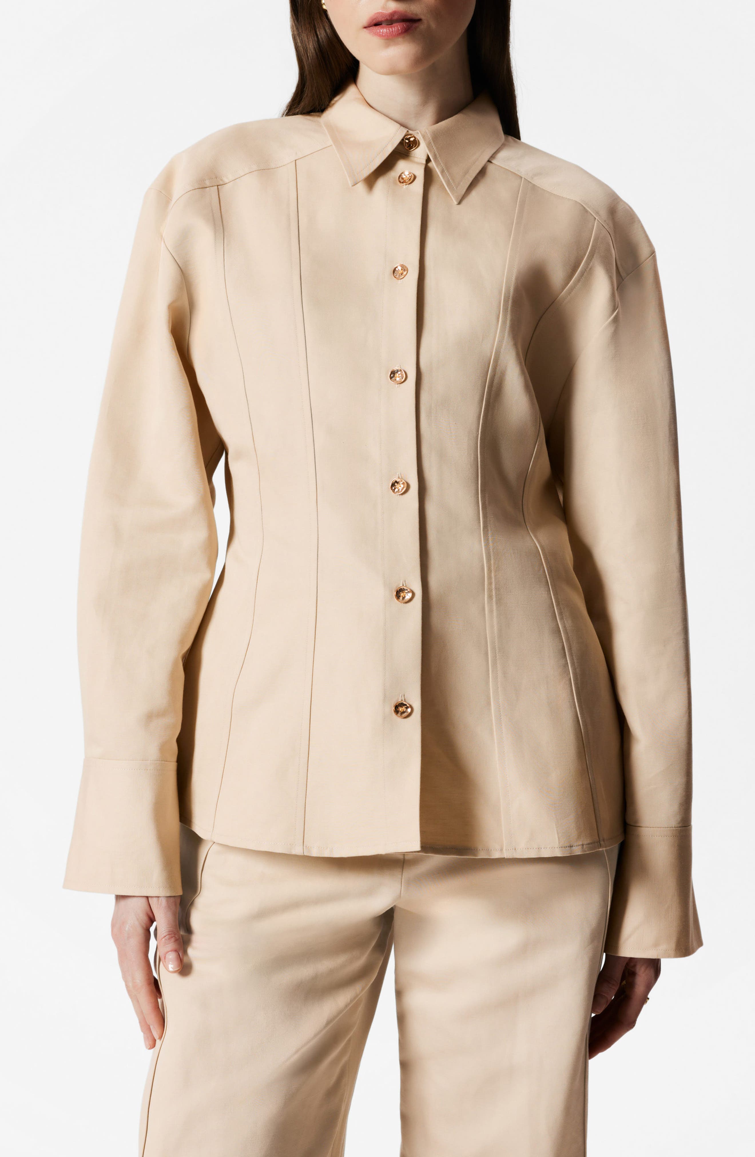 & Other Stories Tapered Waist Cotton & Linen Blend Button-Up Shirt