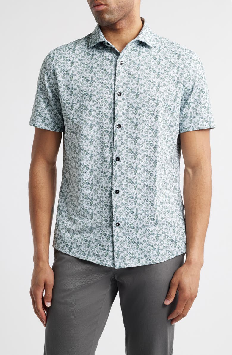 Stone Rose Trim Fit Techno Stretch Skulls Print Short Sleeve Performance Button-Up Shirt, Main, color,