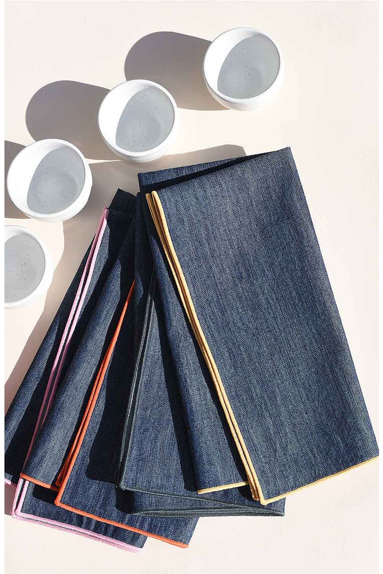 Ménage à Quatre Set of 4 Rainbow Edge Reclaimed Denim Napkins, Alternate, color, RAINBOW DENIM