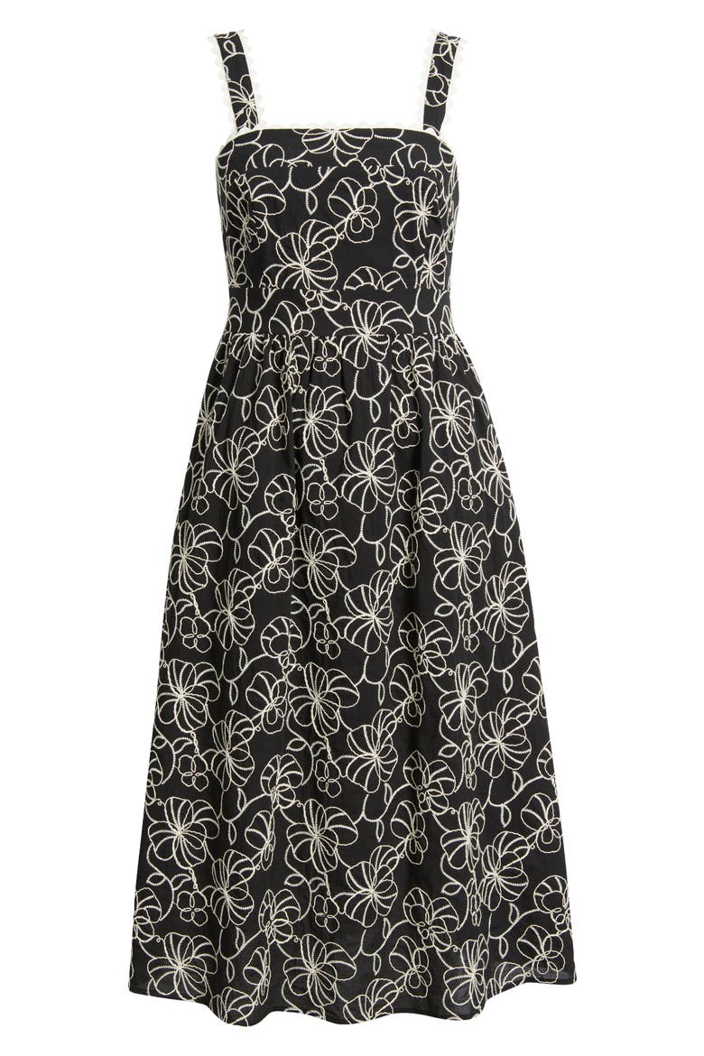 Floral Embroidered Cotton Midi Dress, Alternate, color, BLACK/ WHITE